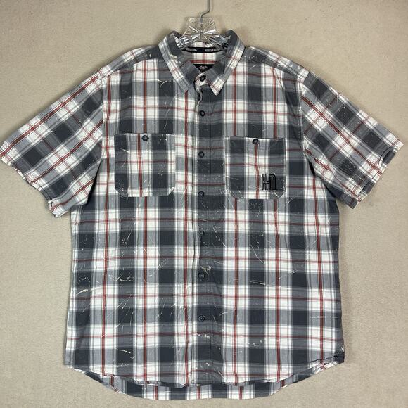 Harley Davidson Shirt Mens XL Gray Plaid Embroidered‎ Short Sleeve Button Up - Picture 1 of 12